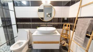 Hair dryer, towels, soap, shampoo