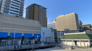 Eine Skyline mit modernen Hochhäusern, einer Uferpromenade und einem kleinen Gebäude mit Gründach.