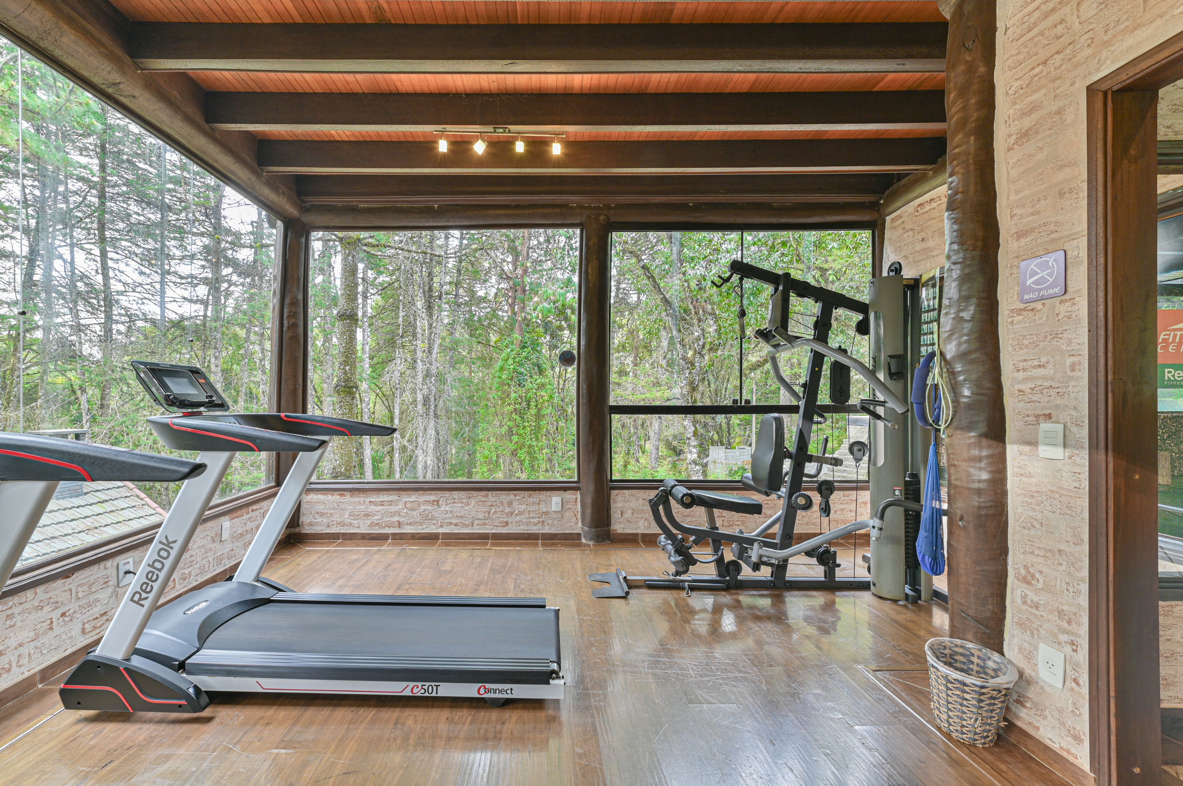 Une salle de sport équipée de tapis de course, d’un banc de musculation et d’un appareil d’exercice fixé au mur.