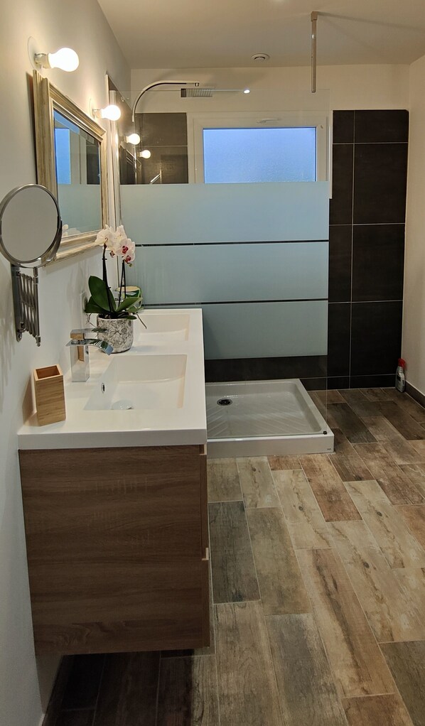 Regadera, secadora de cabello, papel de baño