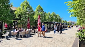 Un café en plein air, avec des tables et des chaises, entouré d’arbres et de bâtiments.