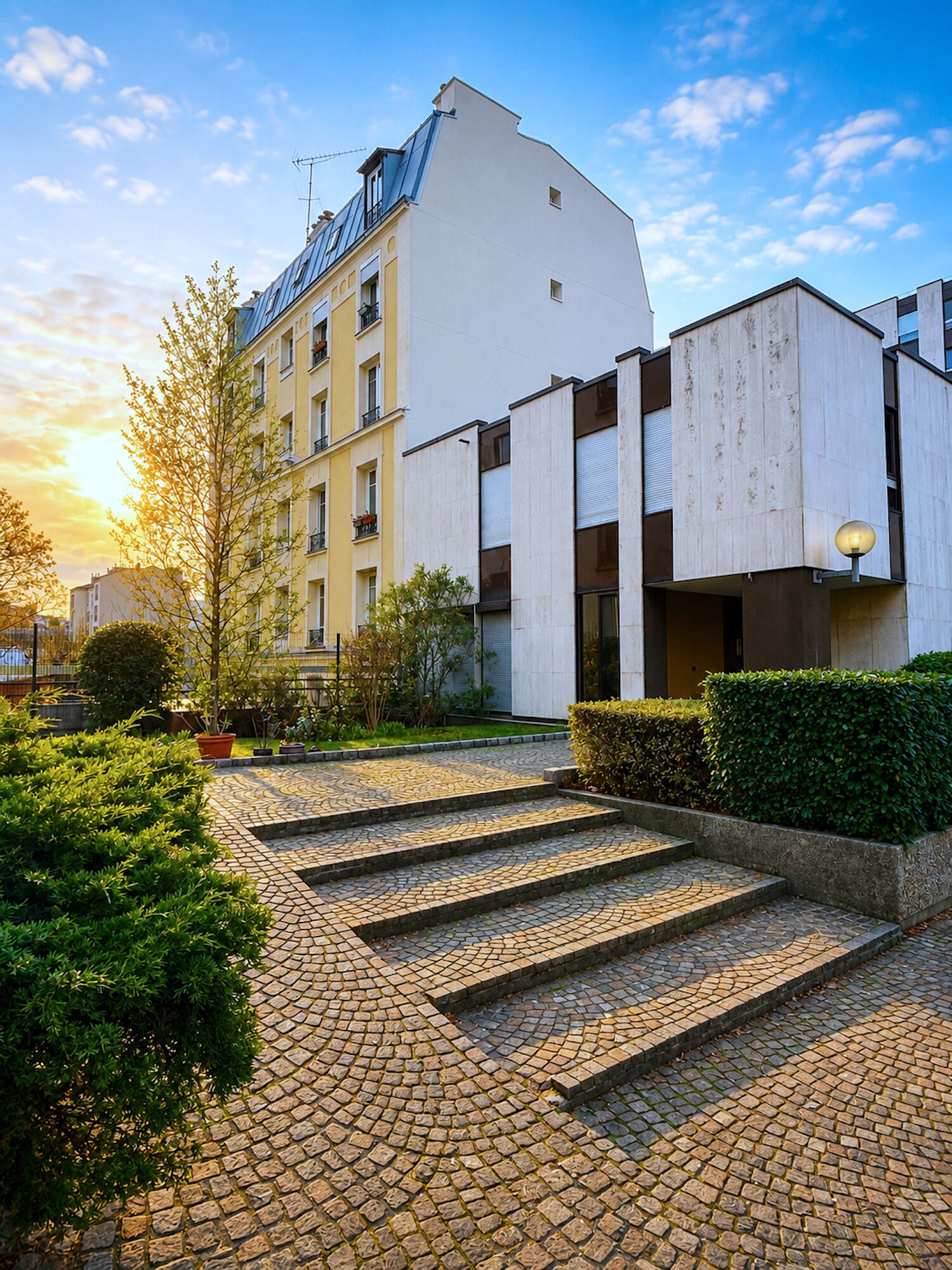 Un bâtiment moderne doté d’un toit plat, d’une entrée pavée avec des marches et surplombant un ciel dégagé.