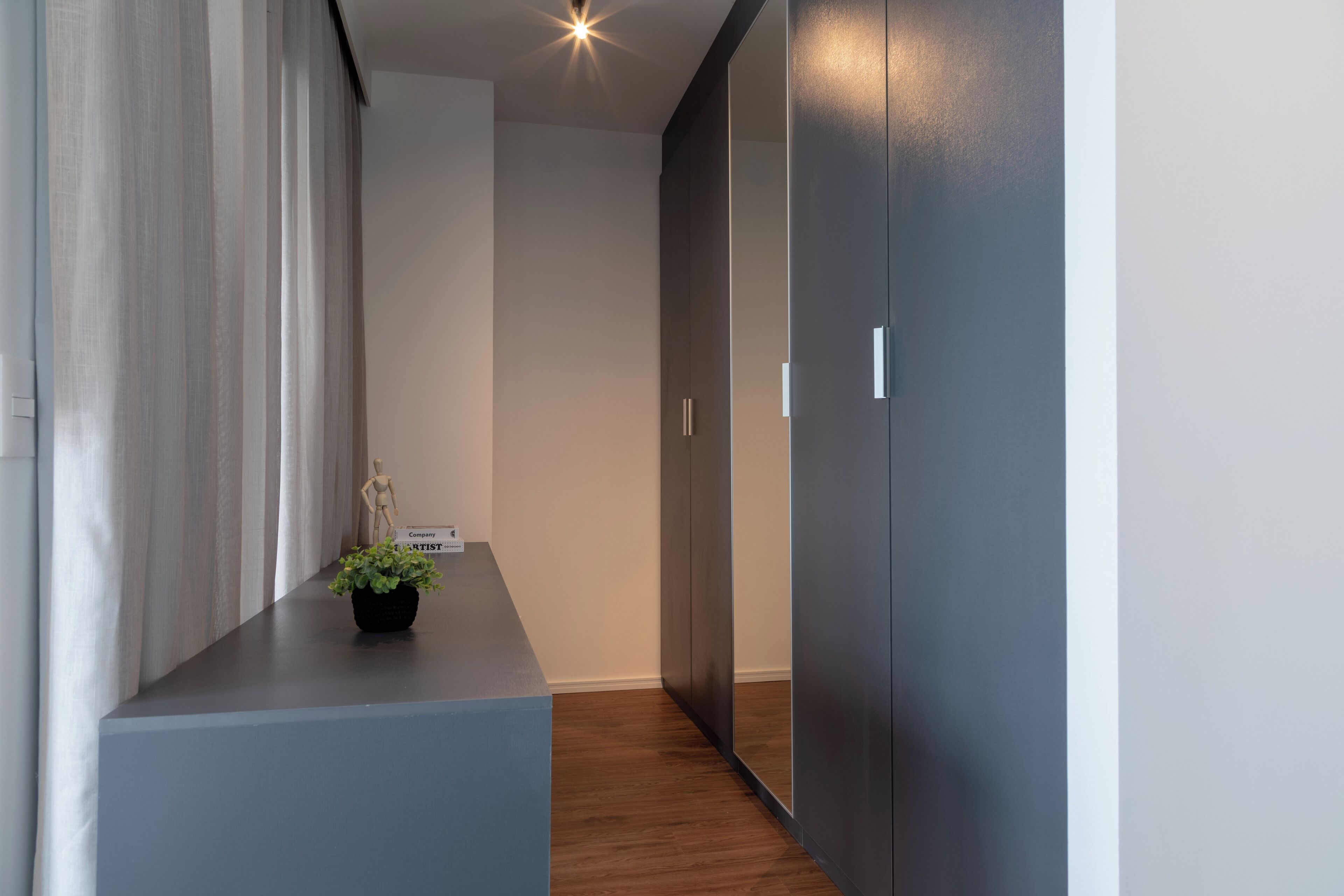 A modern, minimalist hallway with a wooden floor, a blue counter with a potted plant, and a wardrobe with a mirror.