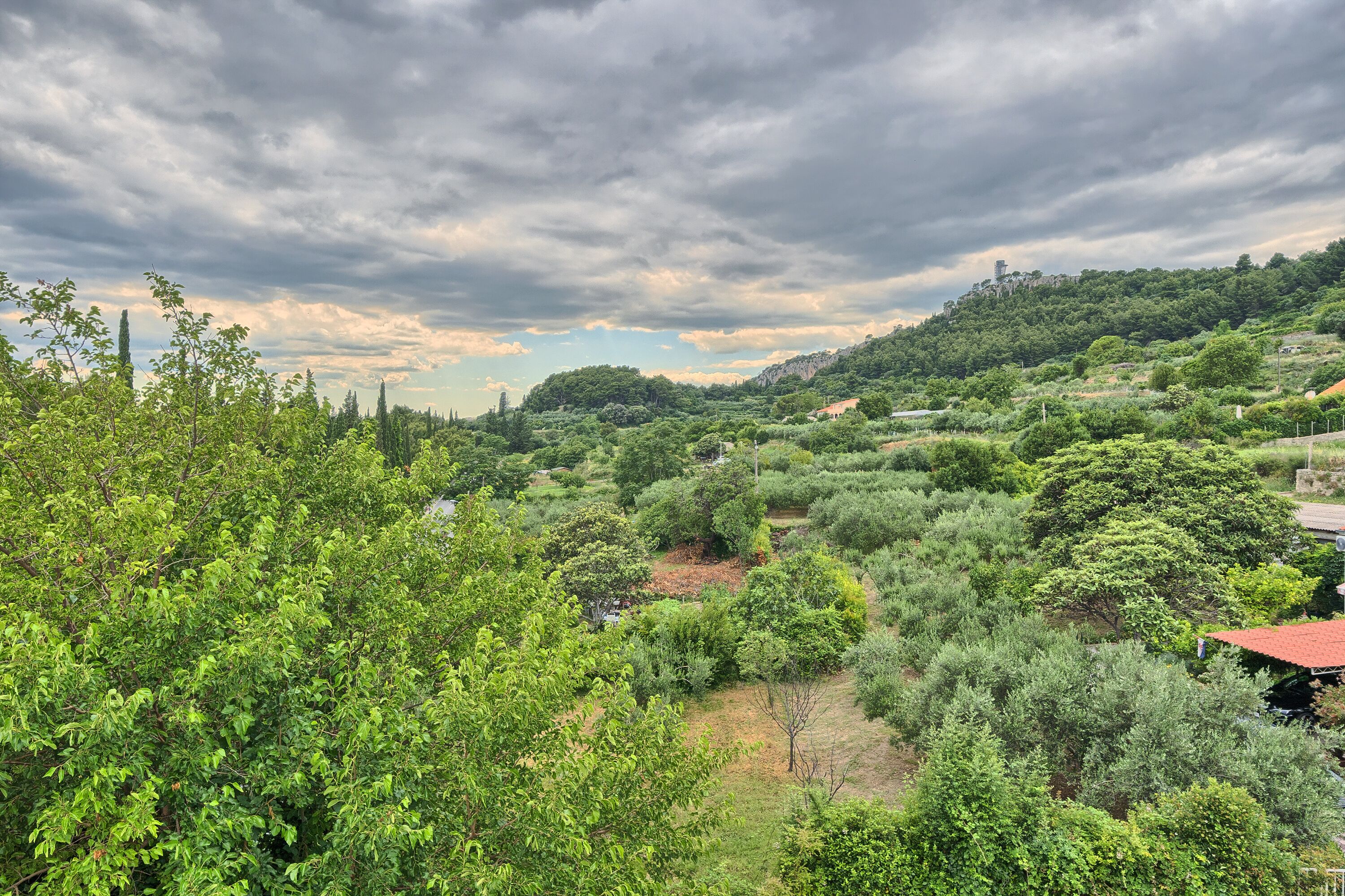 Üppige grüne Landschaft mit verschiedenen Bäumen und Sträuchern, ein Hügel mit einem Gebäude auf der Spitze und ein bewölkter Himmel.