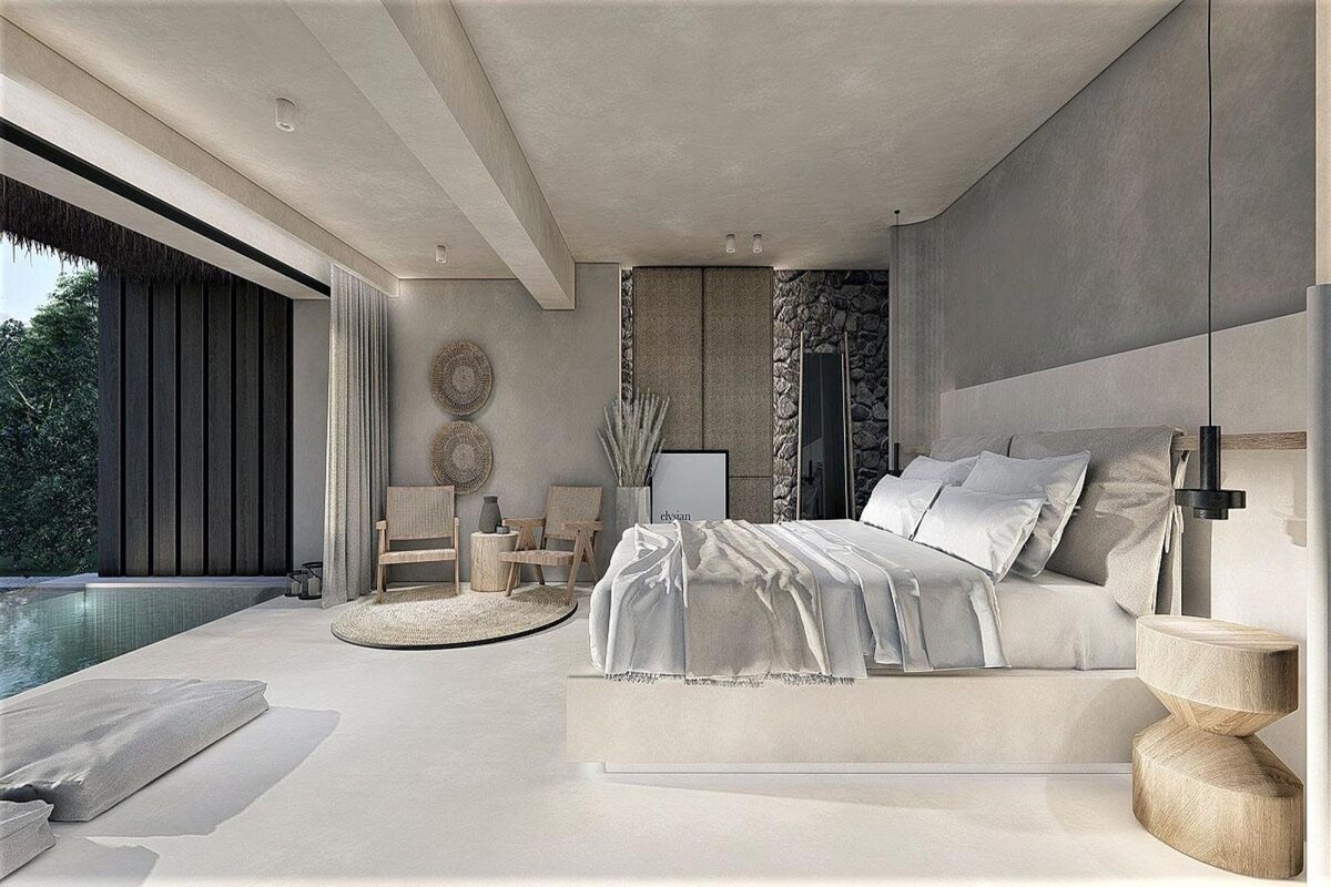 Une chambre moderne avec un grand lit, une vue sur une piscine et un mur en pierre.