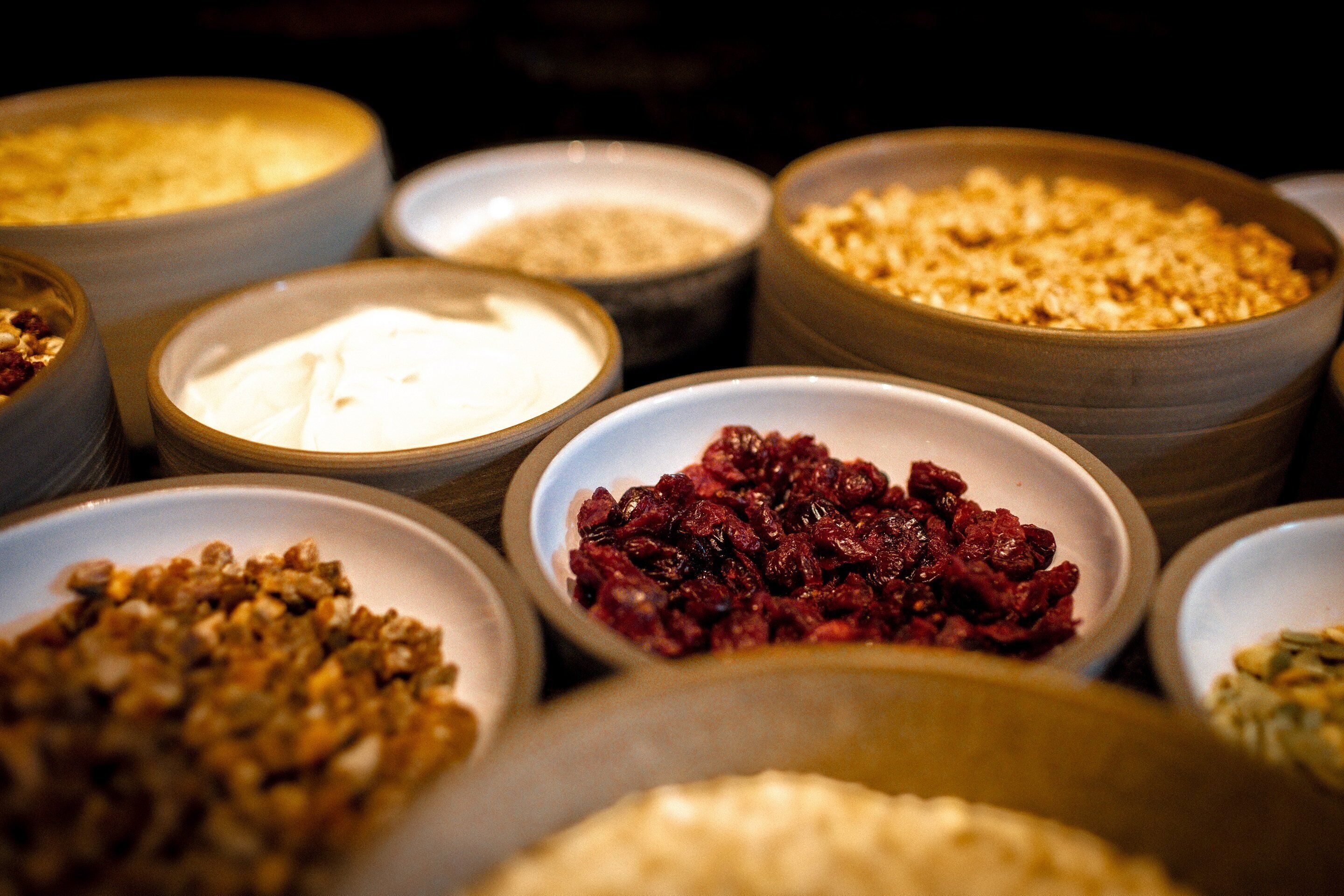 A variety of food items in bowls.