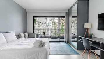 Desk, bed sheets