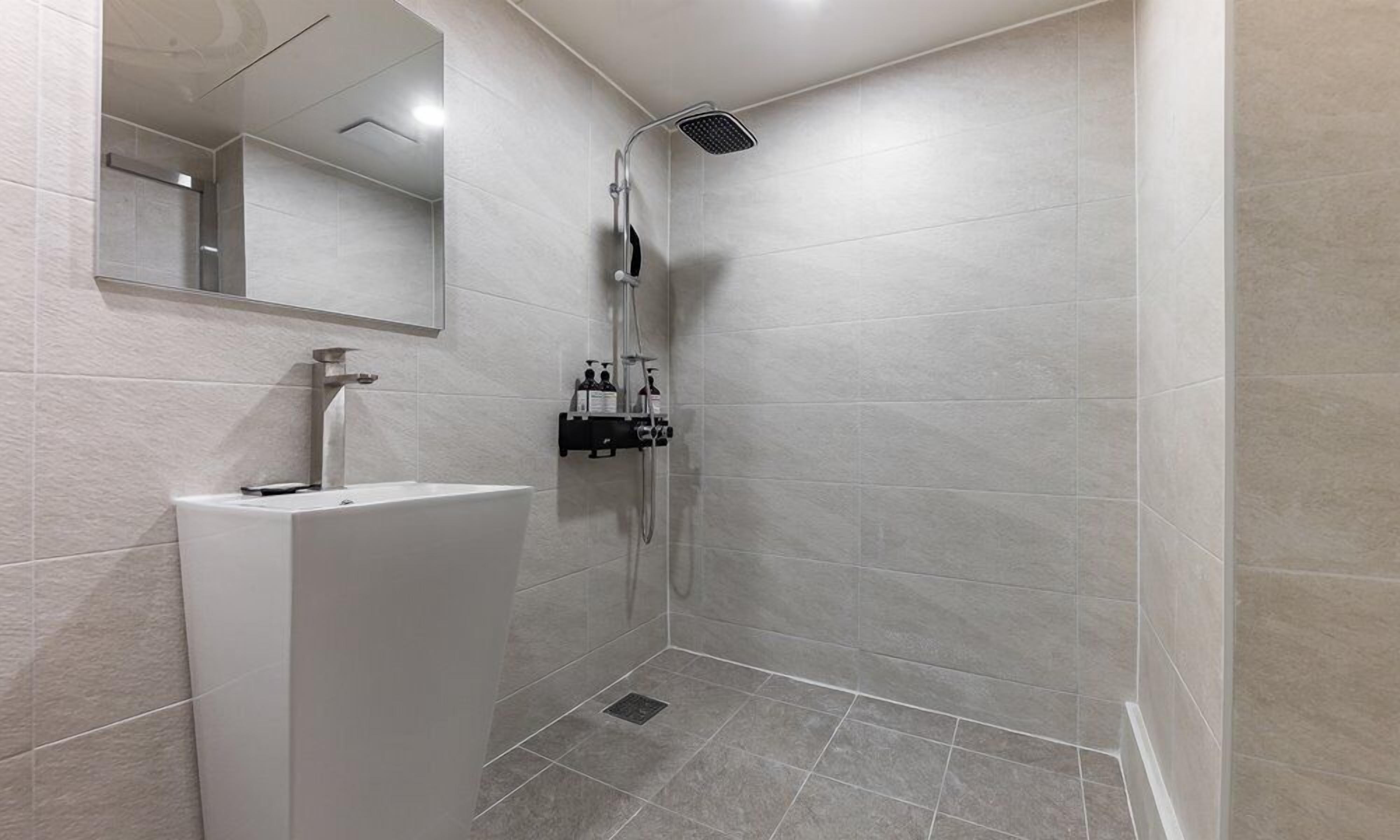 A modern bathroom with a white sink, a handheld showerhead, and a mirror.