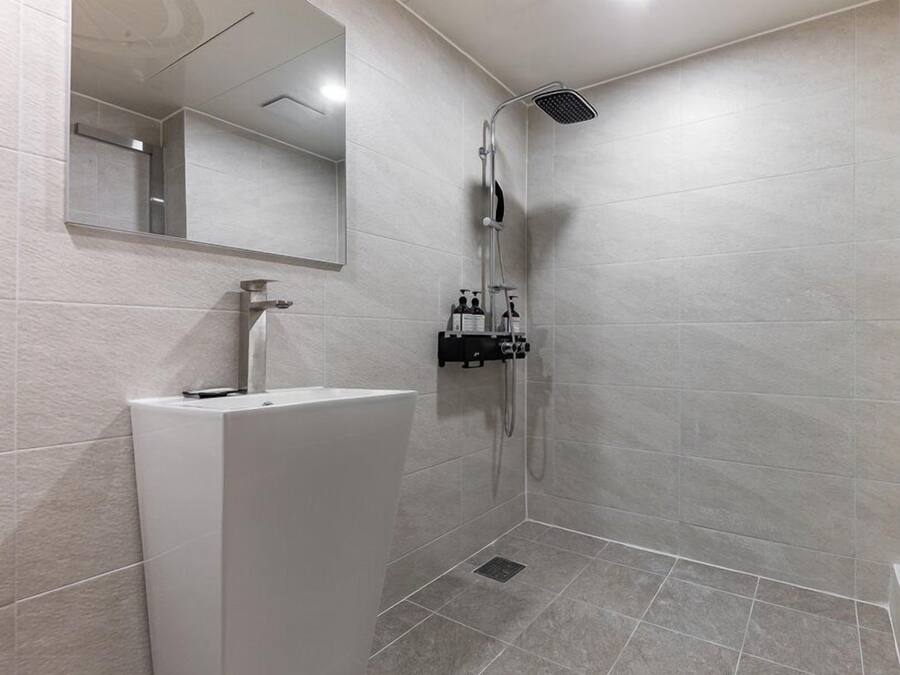 A modern bathroom with a white sink, a handheld showerhead, and a mirror.