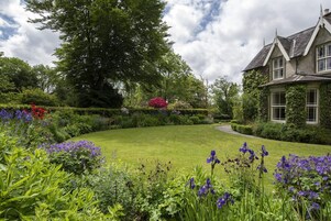 A well-maintained garden with a variety of flowers and a large tree.