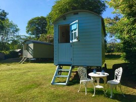 A small, light blue mobile home with a door open, a ladder leading to the entrance, and a table with two chairs outside.