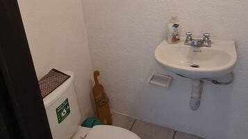 Uma casa de banho pequena com sanita, lavatório e espelho.
