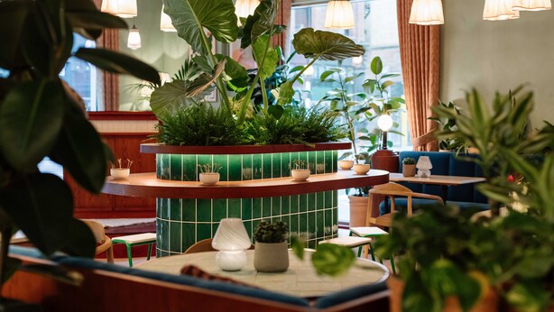 A restaurant interior with a green-tiled counter, hanging pendant lights, and various potted plants. - Second Nature Belfast (Belfast)