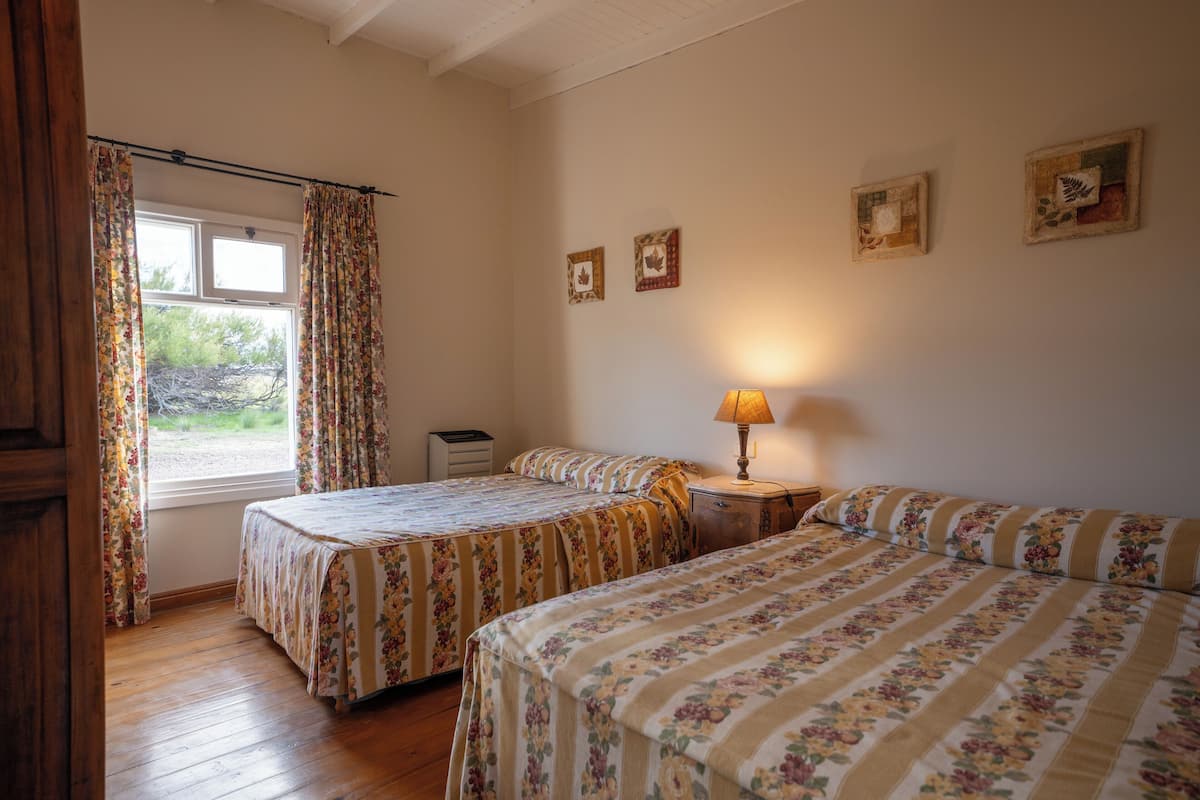 Un dormitori amb dos llits, una finestra amb cortines, una taula de nit amb una làmpada i quadres penjats a la paret.