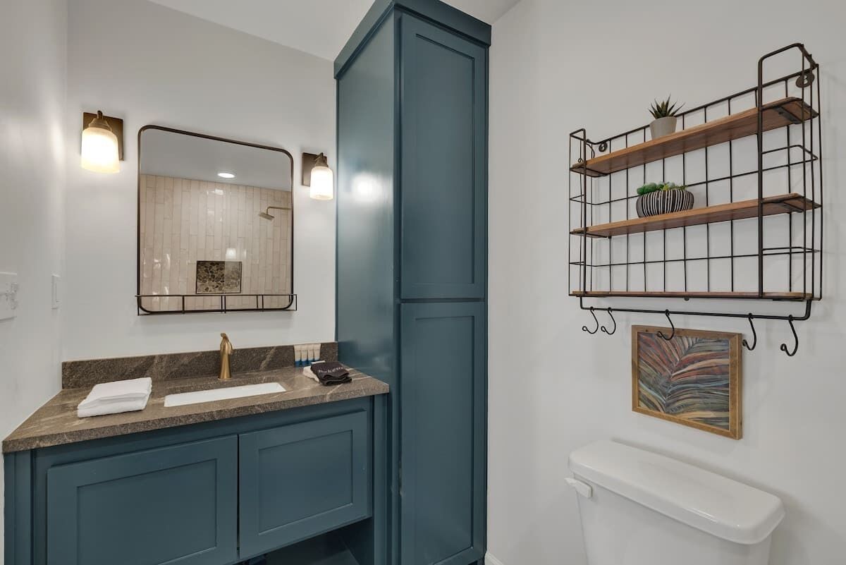 A bathroom with a marble countertop, a blue cabinet, a toilet, and a wall-mounted shelf with plants and a picture.