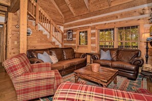 Cabin, Multiple Beds, Hot Tub | Living area | 50-inch flat-screen TV with cable channels, TV, fireplace