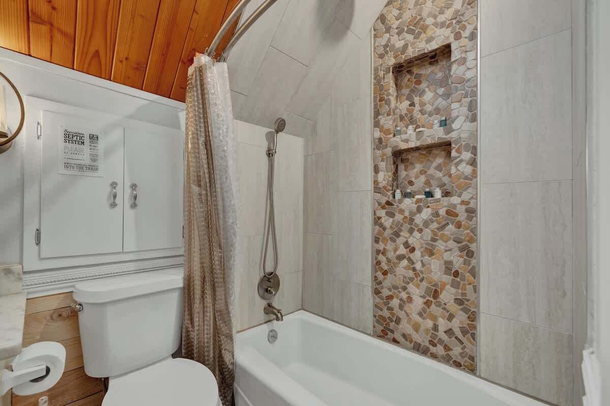 A bathroom with a shower, toilet, and a mosaic wall.