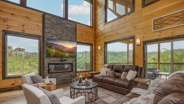 Cabin, Multiple Beds, Hot Tub | Living area | 65-inch flat-screen TV with digital channels, TV, fireplace - Peace Giver (Gatlinburg)