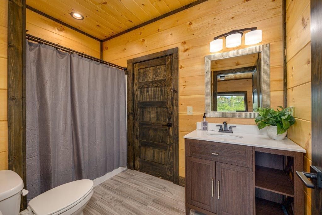 A wooden cabin bathroom with a toilet, a shower curtain, a wooden door, a sink with a mirror, and a potted plant.