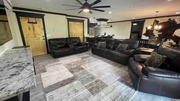 Smart TV, fireplace, books