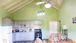 Amplia sala de estar con cocina, ventilador de techo y sofá con cojines estampados.