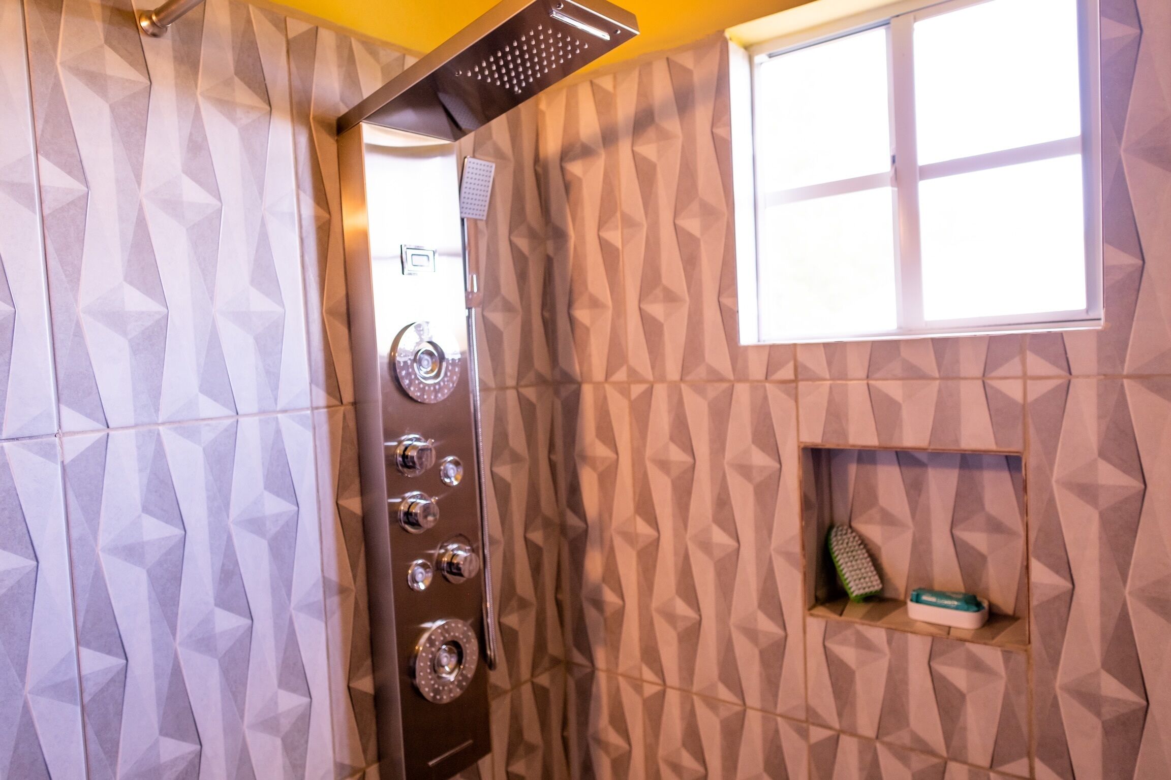 Shower, towels, soap, toilet paper