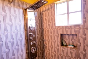 Shower, towels, soap, toilet paper