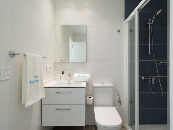 A modern bathroom with a white sink, a toilet, a shower area, and a mirror.