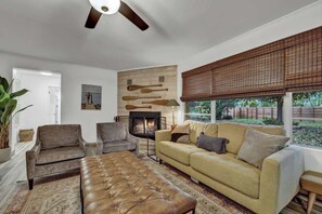 House, Multiple Beds, Patio (644 Cypress Ridge) | Living area | Fireplace, MP3 dock - Luxury Lakefront Oasis With Boat Dock-firepit (Seguin)