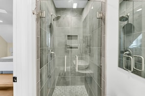 Shower, hair dryer, shampoo