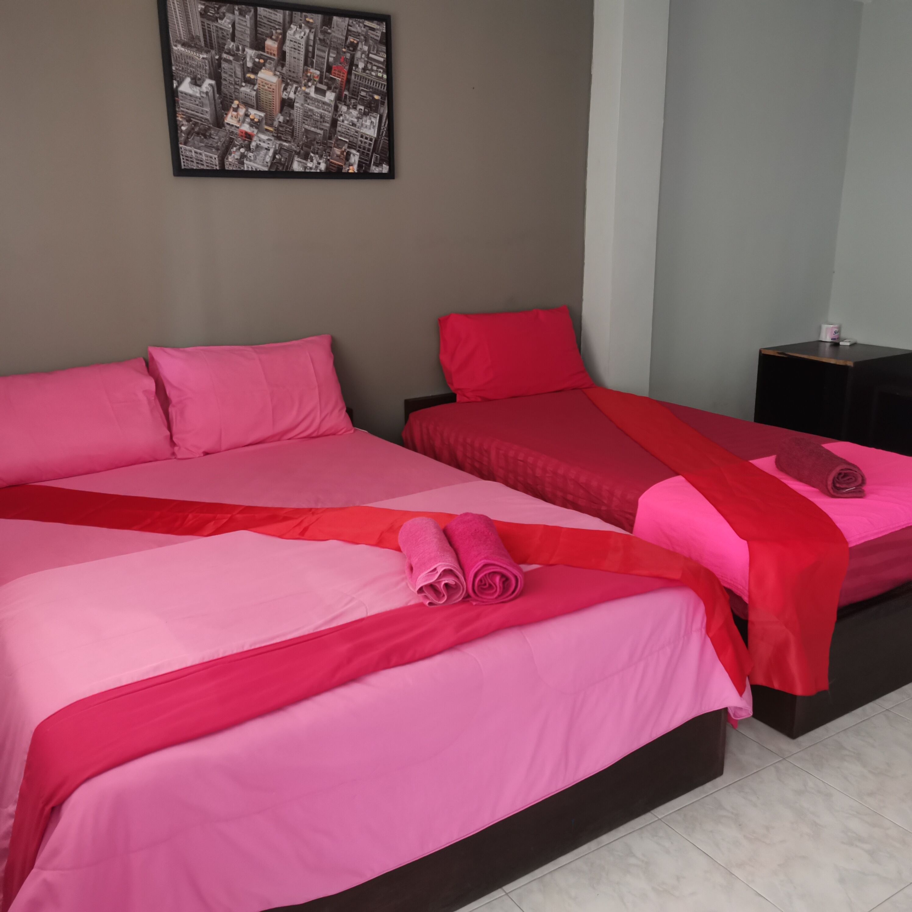 A hotel room with two beds, each with pink bedding and red pillows. There is a framed picture on the wall above the beds.