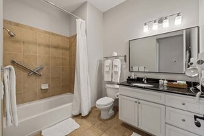 Shower, hair dryer, shampoo