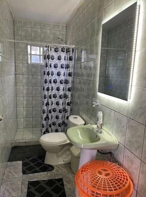 Chuveiro, toalhas de banho, sabonete, papel higiênico