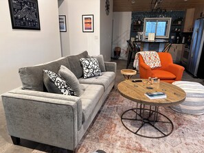 Smart TV, fireplace, books