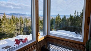 Una habitación con ventanas amplias que dan a un paisaje nevado y un bosque.