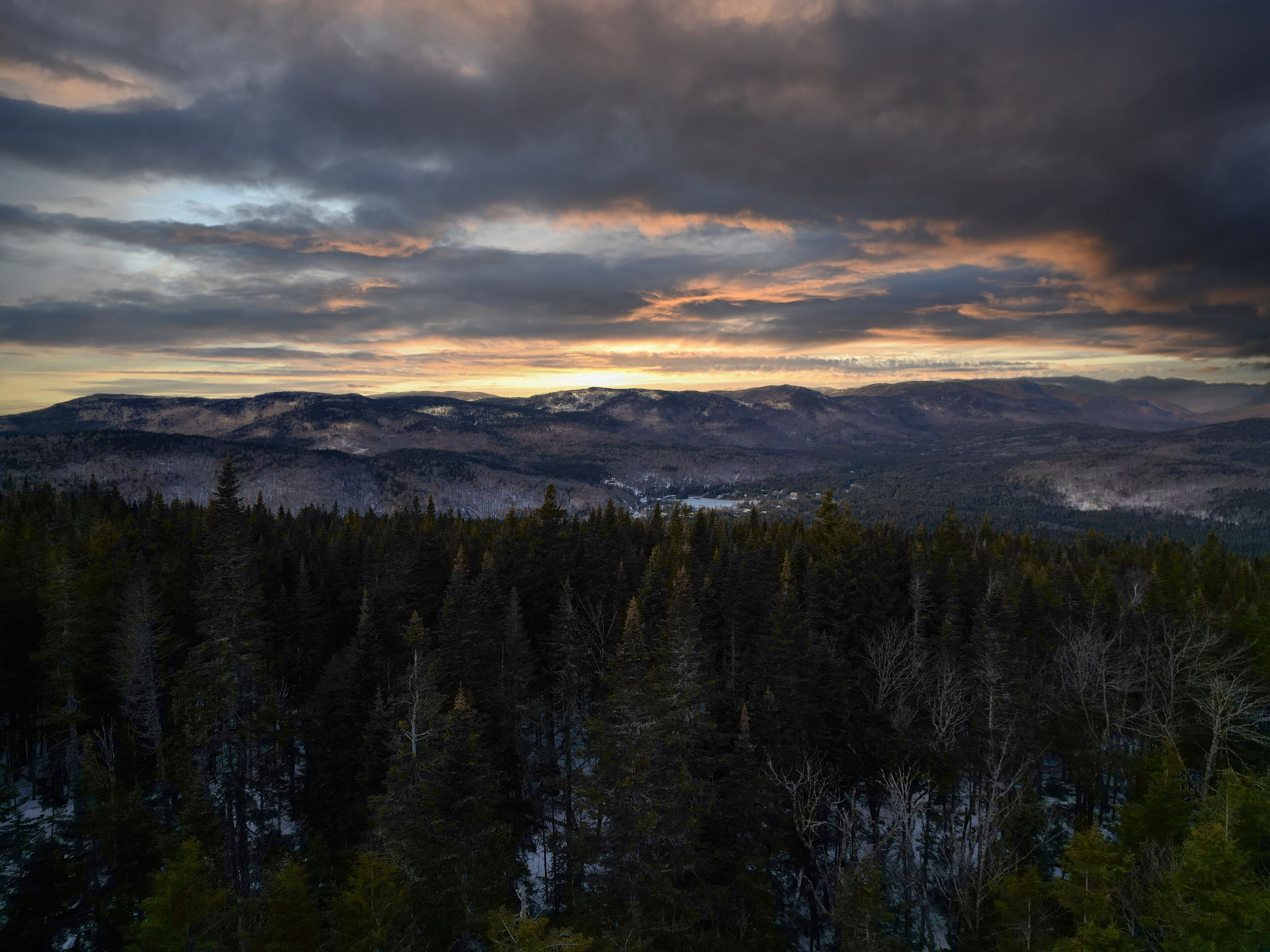 A mountainous landscape with dense forests and a valley.