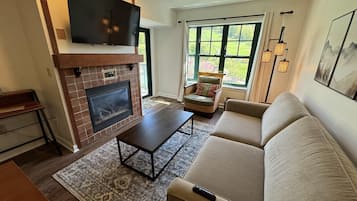 Smart TV, fireplace, foosball