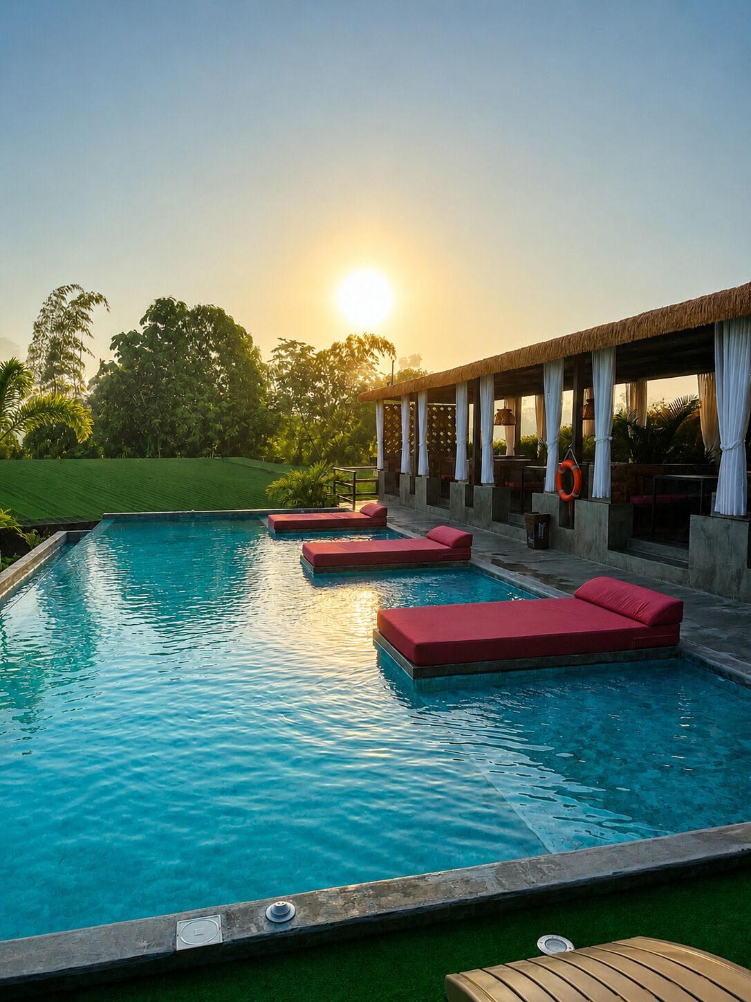 Una piscina con sillas de descanso y una zona cubierta con columnas.