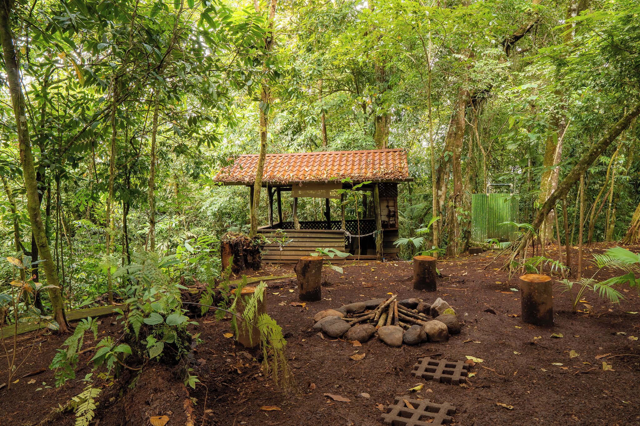 Une construction rustique en bois, dotée d’un toit en tuiles et entourée d’une forêt dense.
