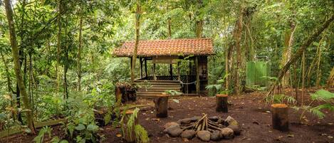 A rustic wooden structure with a tiled roof surrounded by dense forest.