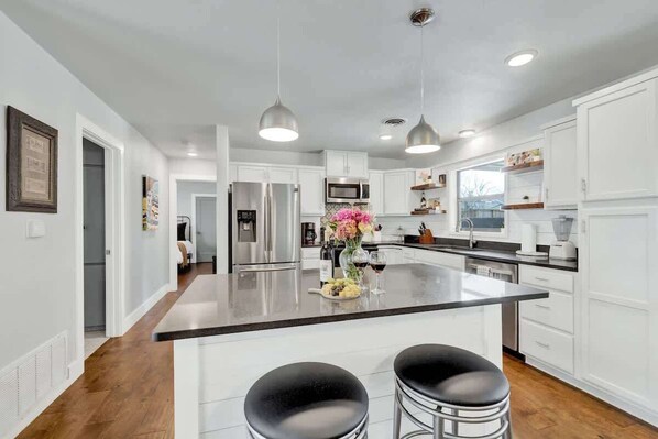 House, Multiple Beds, Pool Access (603 W Travis St) | Private kitchen | Coffee/tea maker - Das Weinhaus Pool & Hot Tub - Walk to Main St (Fredericksburg)