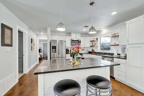 House, Multiple Beds, Pool Access (603 W Travis St) | Private kitchen | Coffee/tea maker - Das Weinhaus Pool & Hot Tub - Walk to Main St (Fredericksburg)