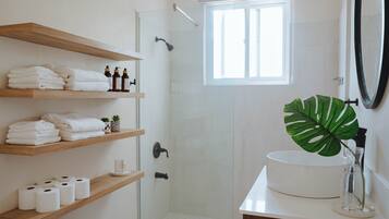 Shower, hair dryer, towels, soap
