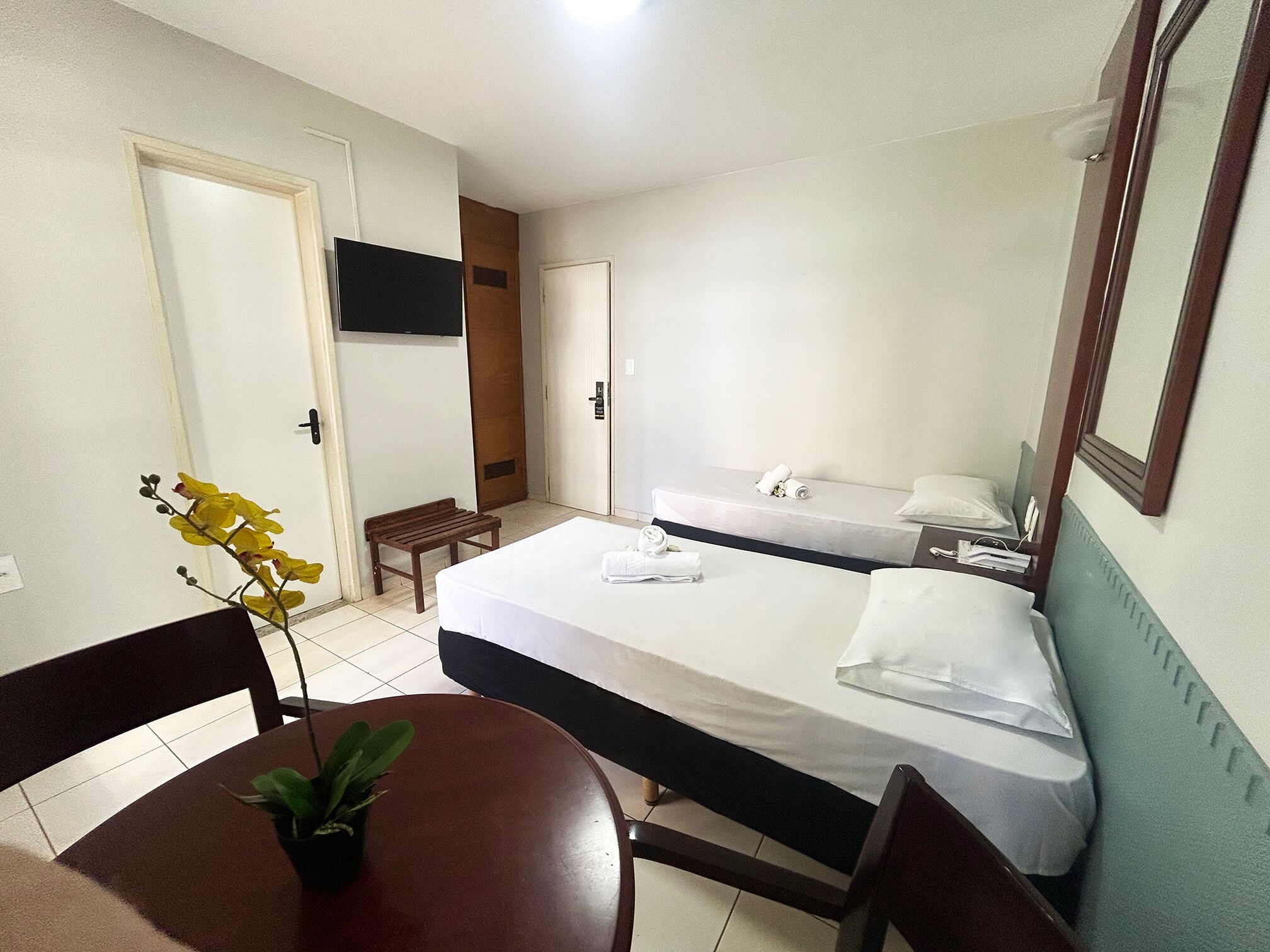 Ein Hotelzimmer mit einem Bett, einem Schreibtisch, einem Sessel, einem kleinen Tisch mit Pflanze und einem Fernseher an der Wand.