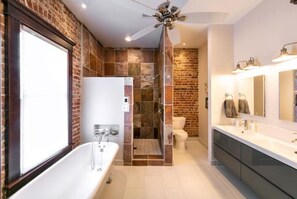 Shower, hair dryer, towels, soap