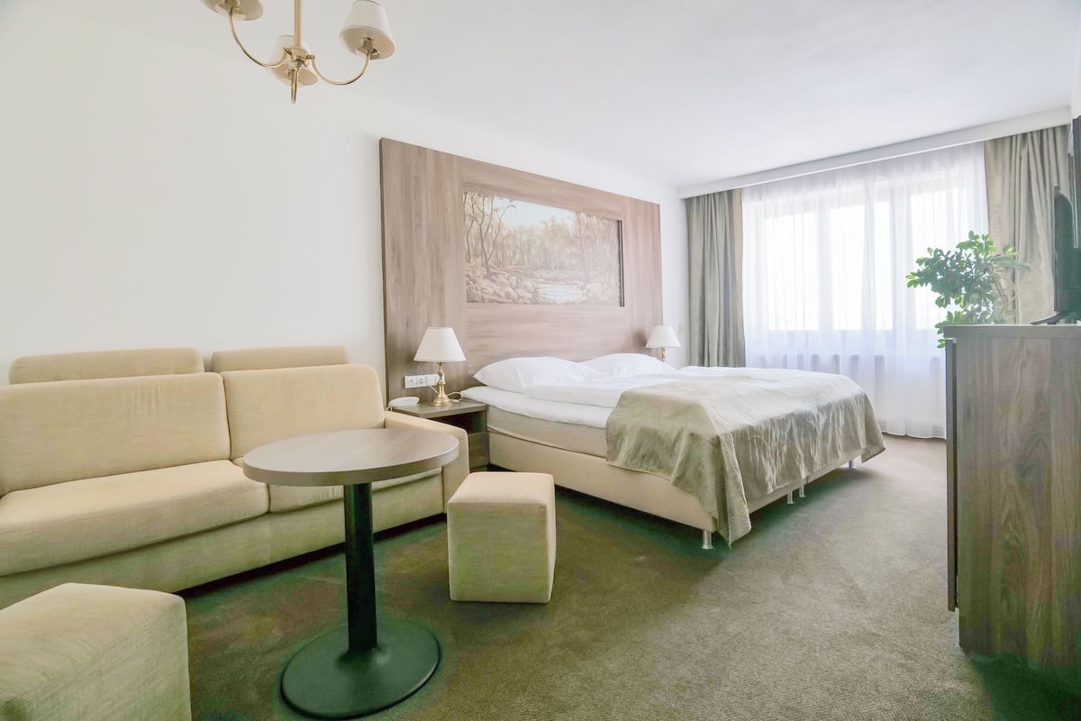 A hotel room with a bed, a sofa, a small table, a nightstand, and a painting on the wall.