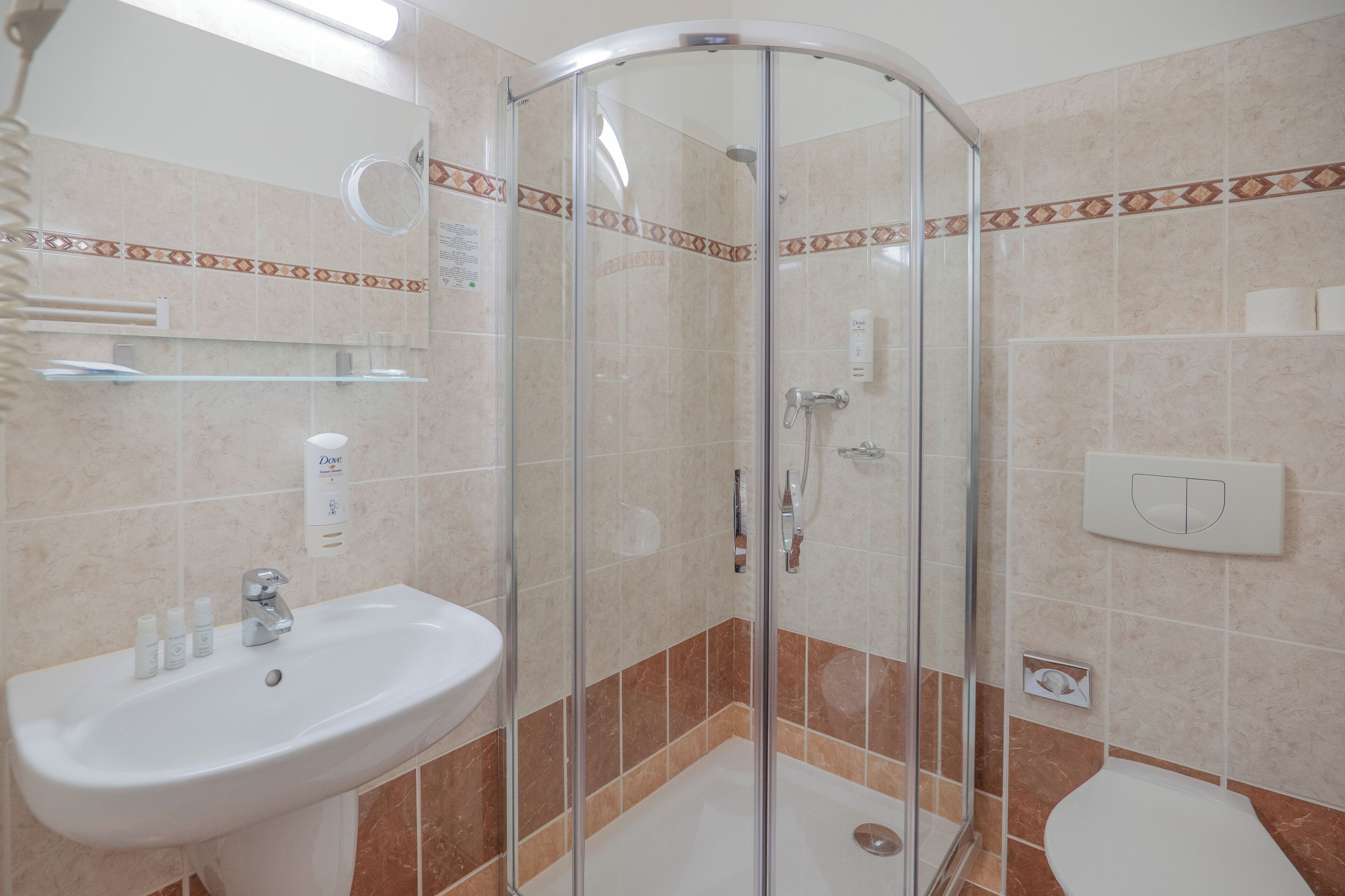 Bany amb dutxa tancada amb vidre, un lavabo amb productes de tocador i un vàter.