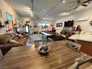 Smart TV, fireplace, video games, DVD player