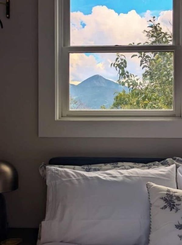 A bedroom with a bed, pillows, and a window with a mountain view.