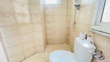 Shower, hair dryer, towels, toilet paper